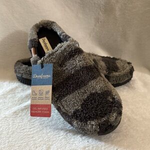 Dearfoams Gray and Black Plush Slippers Mens 9-10 Slip On Memory Foam New